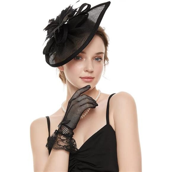 Accessories - Fascinator Hat Veil Feather Fascinator Tea Party Black Hat&glove